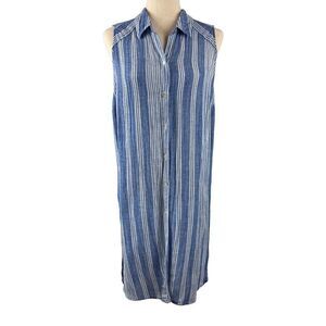 J. Jill Linen Blend Striped Sleeveless Button Up Tunic Top Blue Medium Coastal